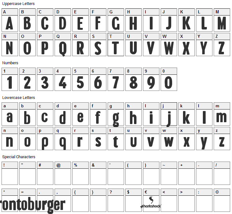 Brontoburger Font Character Map