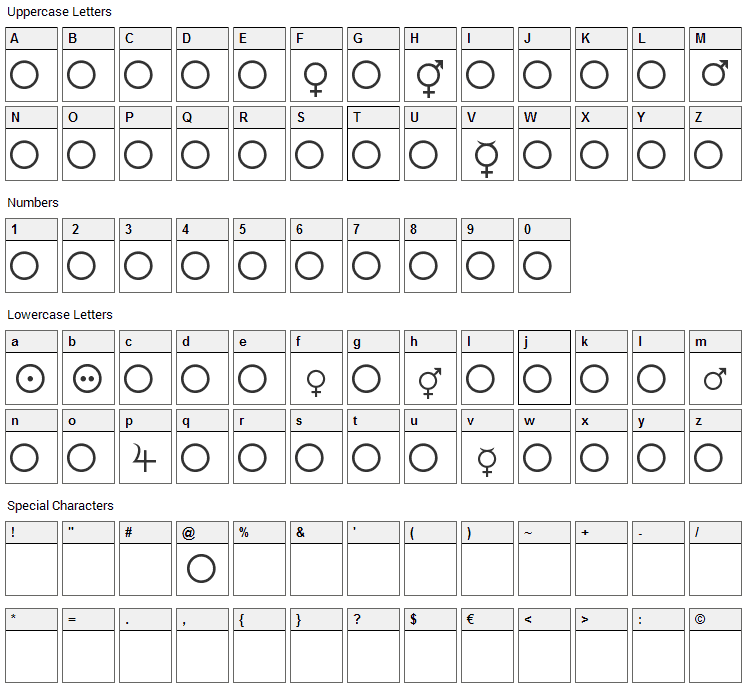 Female and Male Symbols Font Character Map