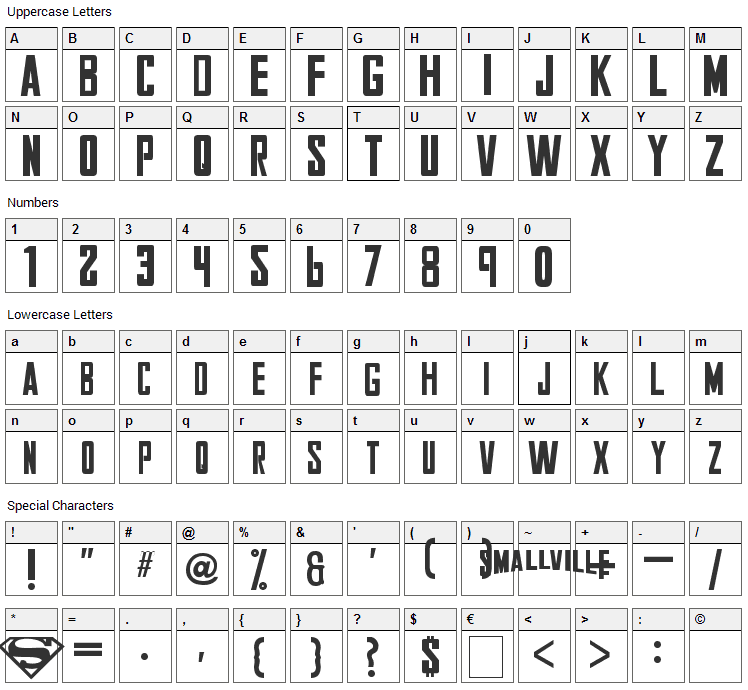 Smallville Font Character Map