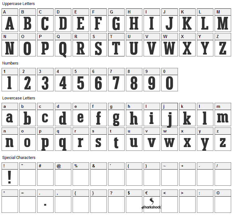 Umberland Slab Font Character Map