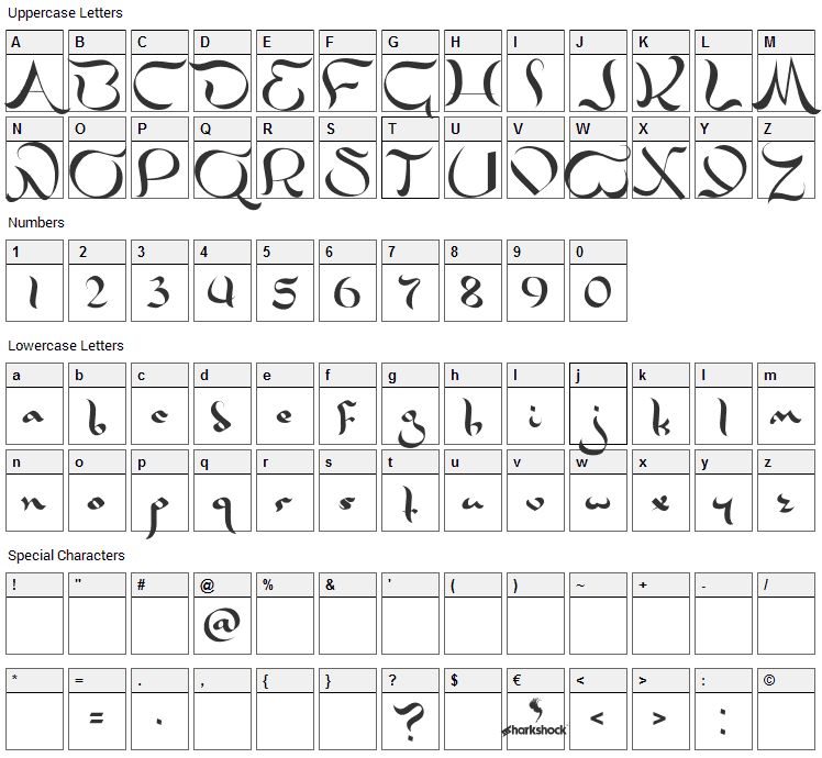 Zanzabar Font Character Map